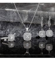 Else Silver Pırlanta Modeli Çift Sıralı Gümüş 3lü Takı Seti
