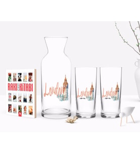 BK Gift Kişiye Özel Renkli Baskılı London Tasarımlı İkili Rakı Bardağı Karaf ve Cep Kitabı Hediye Seti-2 (Model 1)