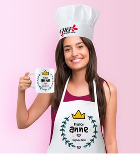 BK Gift Kişiye Özel Kraliçe Anne Mutfak Önlüğü Aşçı Şapkası ve Kupa Seti (Beyaz)