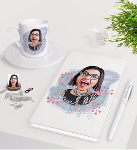 BK Gift Kişiye Özel Bayan Karikatürlü Beyaz Defter Kalem Türk Kahvesi Fincanı Seti-50 (Model 1)