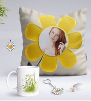 BK Gift Kişiye Özel Fotoğraflı Papatya Yastık Kupa Papatya Kolye ve Silver Anahtarlık Seti-13 (Model 1)