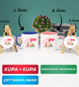 İkili Lacivert Pembe Sevgiliye Sevgililer Günü Hediyesi 5 Kupa Bardak Anahtarlık