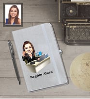 Kişiye Özel İş Kadını Karikatürlü Gri Defter Kalem Hediye Seti  Bayan-17