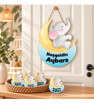 Kişiye Özel Bebek Kapı Süsü Ve 50 Adet Magnet Seti Fil Ay