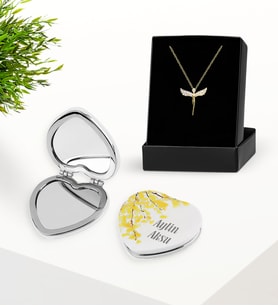 Zirkon Taşlı Gold Melek Kolye ve Çiçekli Ayna Set