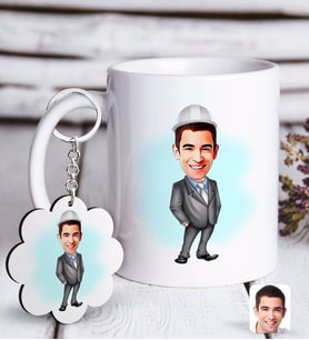 BK Gift Kişiye Özel Erkek Mühendis Karikatürlü Beyaz Kupa ve Anahtarlık Hediye Seti (Model 1)
