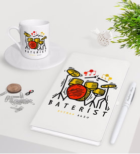BK Gift Kişiye Özel Baterist Beyaz Defter Kalem Türk Kahvesi Fincanı Seti-2 (Model 1)
