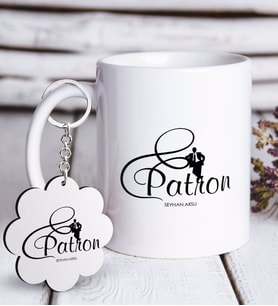 BK Gift Kişiye Özel Mesleki Patron Beyaz Kupa ve Anahtarlık Hediye Seti-2 (Model 1)