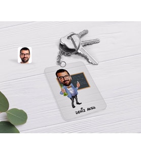 BK Gift Kişiye Özel Erkek Kimya Öğretmeni Karikatürlü Şeffaf Pleksi Anahtarlık-1 (Beyaz)