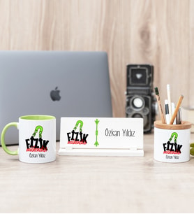 Fizik Mühendisi Yeşil Kupa Bardak Kalemlik Ve Masa İsimliği Hediye Seti