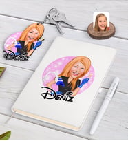 BK Gift Kişiye Özel Kadın Güzellik Uzmanı Karikatürlü Beyaz Defter Kalem ve Anahtarlık Hediye Seti-2 (Model 1)