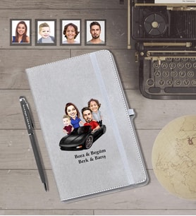Kişiye Özel Aile Karikatürlü Gri Defter Kalem Hediye Seti   Mod-8