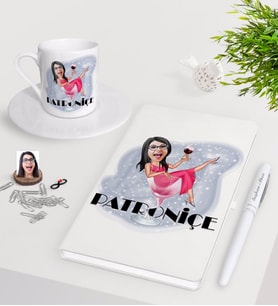 BK Gift Kişiye Özel Bayan Patroniçe Karikatürlü Beyaz Defter Kalem Türk Kahvesi Fincanı Seti-1 (Model 1)