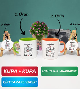 İkili Yeşil Turuncu Kişiye Özel Sevgililer Günü Hediyesi Kupa Bardak Anahtarlık Hediye Seti