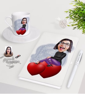 BK Gift Kişiye Özel Bayan Karikatürlü Beyaz Defter Kalem Türk Kahvesi Fincanı Seti-2 (Model 1)