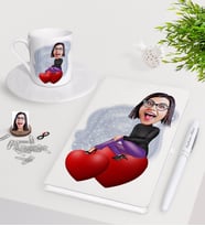 BK Gift Kişiye Özel Bayan Karikatürlü Beyaz Defter Kalem Türk Kahvesi Fincanı Seti-2 (Model 1)