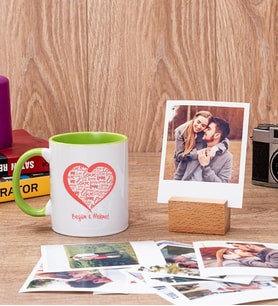 Kişiye Özel Kalpli Yeşil Kupa Bardak ve Ahşap Standlı Polaroid Set