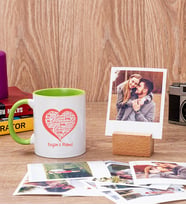 Kişiye Özel Kalpli Yeşil Kupa Bardak ve Ahşap Standlı Polaroid Set