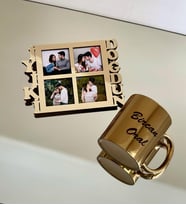 Kişiye Özel İyiki Doğdun 4 Fotoğraf Standlı Mdf Gold Çerçeve Ve Gold Kupa Set