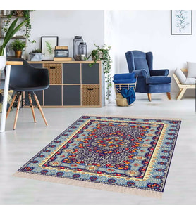 Çiçek Desenli Dijital Baskı Yıkanabilir Kaymaz Taban Etnik Salon Halı ve Yolluk (Turkuaz)