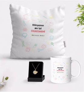 BK Gift Kişiye Özel Dünyanın En İyi Öğretmeni Beyaz Kupa Yastık ve İsimli Papatya Kolye Hediye Seti-14 (Model 1)