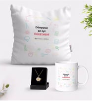 BK Gift Kişiye Özel Dünyanın En İyi Öğretmeni Beyaz Kupa Yastık ve İsimli Papatya Kolye Hediye Seti-14 (Model 1)