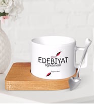 BK Gift Kişiye Özel Edebiyat Öğretmeni Ahşap Altlıklı Seramik Fincan-5 (Beyaz)