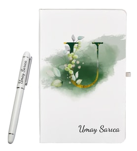 Kjişiye Özel Hazırlanmış Harf Tasarımlı Hediye Defter ve Roller Kalem Seti