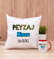Peyzaj Mimarı Kare Yastık ve Kırmızı Kupa Bardak