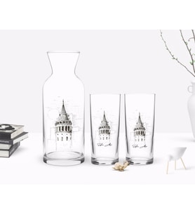BK Gift Kişiye Özel Renkli Baskılı Galata Kulesi Tasarımlı İkili Rakı Bardağı ve Karaf Hediye Seti-11 (Beyaz)