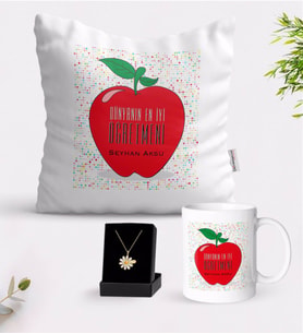 BK Gift Kişiye Özel Dünyanın En İyi Öğretmeni Beyaz Kupa Yastık ve İsimli Papatya Kolye Hediye Seti-11 (Model 1)