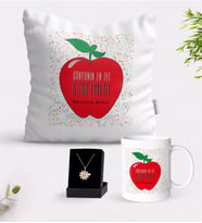 BK Gift Kişiye Özel Dünyanın En İyi Öğretmeni Beyaz Kupa Yastık ve İsimli Papatya Kolye Hediye Seti-11 (Model 1)