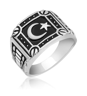 Ervanur Gümüş Kaplama Ay Yıldız Bayrak Erkek Yüzük