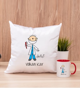 Erkek Diş Hekimi Karikatürü Kare Yastık ve Kırmızı Kupa Bardak