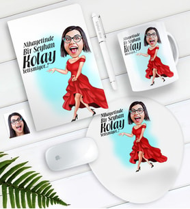 BK Gift Kişiye Özel Bayan Kolay Yetişmiyor Karikatürlü Defter Kalem Kupa Mouse Pad Seti-1 (Model 1)