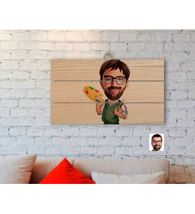 BK Gift Kişiye Özel Erkek Ressam Karikatürlü Otantik Ahşap Palet Tablo-1