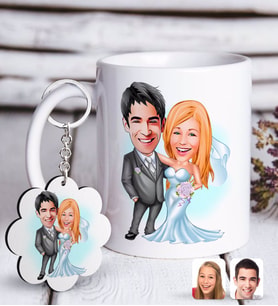 BK Gift Kişiye Özel Evleniyoruz Karikatürlü Beyaz Kupa ve Anahtarlık Hediye Seti-5 (Model 1)