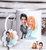 BK Gift Kişiye Özel Evleniyoruz Karikatürlü Beyaz Kupa ve Anahtarlık Hediye Seti-5 (Model 1)
