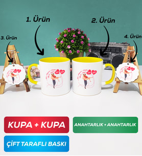 İkili Sarı Sevgiliye Sevgililer Günü Hediyesi 2 Kupa Bardak Anahtarlık