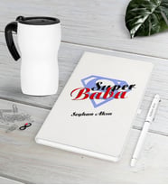 BK Gift Kişiye Özel Süper Baba Beyaz Defter Kalem Termos Mug Seti-5 (Model 1)