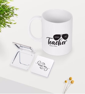 BK Gift Kişiye Özel Öğretmenin Kralı Beyaz Kupa Ayna Seti-1 (Model 1)
