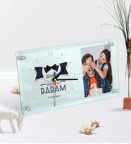 BK Gift Kişiye Özel Fotoğraflı Benim Yakışıklı Babam Masaüstü Cam Saat (Beyaz)
