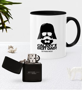 BK Gift Kişiye Özel Galaksinin En İyi Babası Siyah Kupa Bardak Benzinli Metal Çakmak Seti-1 (Model 1)
