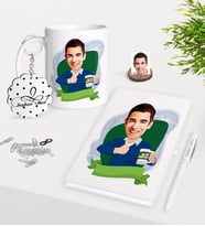 BK Gift Kişiye Özel Erkek En İyi Öğretmen Karikatürlü Kupa Anahtarlık Beyaz Defter Kalem Hediye Seti-1 (Model 1)