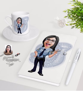 BK Gift Kişiye Özel Bayan Polis Karikatürlü Beyaz Defter Kalem Türk Kahvesi Fincanı Seti-1 (Model 1)