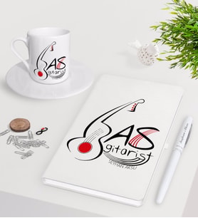 BK Gift Kişiye Özel Bas Gitarist Beyaz Defter Kalem Türk Kahvesi Fincanı Seti-1 (Model 1)