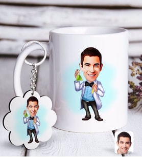 BK Gift Kişiye Özel Erkek Kimyager Karikatürlü Beyaz Kupa ve Anahtarlık Hediye Seti-2 (Model 1)