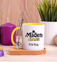 Maden Mühendisi Ahşap Altlıklı Sarı Kupa Bardak