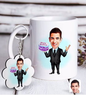 BK Gift Kişiye Özel Erkek Doğum Günü Karikatürlü Beyaz Kupa ve Anahtarlık Hediye Seti-2 (Model 1)