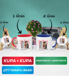 İkili Kırmızı Lacivert Sevgiliye Sevgililer Günü Hediyesi 12 Kupa Bardak Anahtarlık
